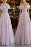 Pretty A Line Off The Shoulder Pink Sequin Long Evening Party Dress Prom Dress
