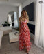 Pretty A Line Spaghetti Straps Floral Red Sleeveless Ruffles Evening Prom Dress
