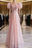 Pretty A Line Sweetheart Short Sleeves Long Evening Party Dress Pink Prom Dress