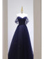 Pretty Ball Gown Off The Shoulder Navy Blue Tulle Long Prom Dress Party Dress