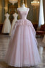 Pretty Ball Gown Strapless Pink Long Lace Prom Dress Formal Evening Dress