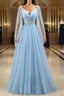 Pretty Light Blue A-Line Puffy Sleeves Party Dress, Light Blue Evening Dress Prom Dress
