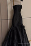 Pretty Mermaid Strapless Black Long Satin Prom Dresses With Flowers