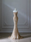 Pretty Mermaid Strapless Gold Sequin Beads Long Prom Dress Formal Evening Dress