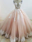 Pretty Pastel Pink Lace Applique Wedding Dress Chapel Train Prom Dress
