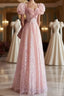Princess A Line Pink Short Sleeves Sequin Long Prom Dress