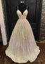 Princess A-line V Neck Spaghetti Straps Long/Floor-Length Sequined Prom Dresses With Pleated