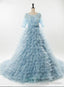 Princess Blue Short Sleeve Lace Tulle Backless Wedding Dress