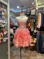 Princess Coral Pink Heart-Shaped Neckline Rhinestone-Embellished Short Prom Dress Evening Dress