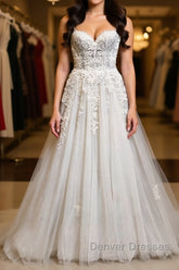 Princess Sweetheart Neck White Lace Prom Wedding Dress, Ivory Lace Formal Dress, White Evening Dress