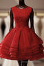 Red Round Neckline Layers Short Prom Dress, Red Lace Homecoming Dress