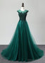 Deep Green Tulle Beaded Sweep Train Formal Prom Dress, Evening Dress