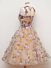A Line Jewel Tea Length Open Back Champagne Tulle With Appliques Flowers Short Homecoming Dress