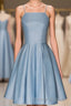 Sky Blue A Line Satin Blue Spaghetti Straps Short Prom Dress