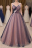 Charming A Line V Neck Navy Blue Princess Tulle Prom Dress