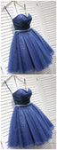 Sparkly A-Line Sweetheart Open Back Navy Sequins Short Short Homecoming Dresses