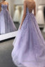 Lavender Backless Tulle Lace Long Prom Dress