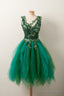 Unique V Neck Green Tulle Lace Short Prom Dress, Green Homecoming Dress