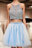 Two Pieces Light Blue Short High Neck Open Back Rhinestones Mid Section Sky Blue Prom Dress