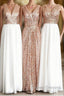 Rose Gold Sequin White Chiffon V Neck Sexy Long Elegant Simple Prom Dress