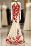 Charming Red Lace And Champagne Tulle Halter Elegant Sparkly Prom Dress