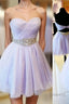 Charming Empire Waist Lavender Sweetheart Backless Short Fashion Beaded Belt Short For Sweet 16 Mini Length Skirt Prom Dress