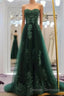 Sweetheart Long Lace Green Sweep Train Lace Up Prom Dress