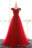 Off The Shoulder Red A Line Pleated Long Red Prom Dresses