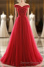 Off The Shoulder Red A Line Pleated Long Red Prom Dress