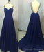 Simple A Line Spaghetti Straps Backless Royal Blue Long Prom Dresses