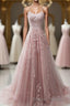 Pink Scoop Tulle Straps With Lace Long Prom Dress, Pink A-Line Formal Dress