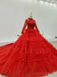 Prom Season Red Ball Gown Tulle Long Sleeve Beading Tiers Wedding Dress With Long Train