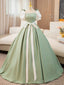 Puff Sleeves A-line Satin Green/White Long Prom Dress, Green Long Formal Dress