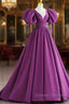 Puffy Sleeve Backless Satin Purple Backless Prom Dress