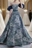 Puffy Sleeves Print Blue Quinceanera Prom Dress