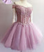 Purple off shoulder see through charming unique style homecoming dresses