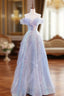 Purple Off Shoulder Sequin Tulle Long Prom Dress, Purple Formal Evening Dress