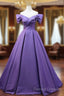 Purple Satin A-Line Off Shoulder Long Party Dress, Purple Evening Dress Prom Dress