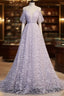 Purple Tulle A Line Long Prom Dress Formal Dress With Flowers December Wedding Guest Dress