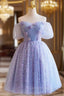 Purple Tulle Knee Length Prom Dress, Lovely Off The Shoulder Party Dress