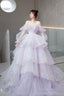 Purple Tulle Layers Long A-Line Prom Dress, Cute Long Sleeve Evening Gown