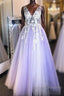 Purple v neck lace applique long prom Dress purple formal Dress