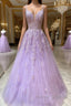 Purple v neck tulle lace long prom Dress purple lace formal Dress