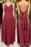 Ruffle Straps Burgundy Chiffon A-line Long Bridesmaid Dress