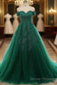 Real Off Shoulder Green Prom Dress Beaded Appliques Emerald Quince Dress