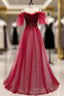 Red A-Line Floor Length Off Shoulder Long Prom Dress, Red Long Evening Dress