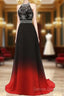 Red And Black Halter Beaded Chiffon Party Dress, A-Line Gradient Evening Dress