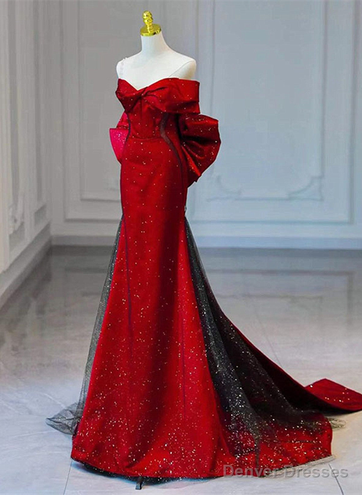 Red and Black Sweetheart Off Shoulder Formal Dress, Long Prom Dress wi