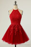 Red Homecoming Dresses Halter Sleeveless Applique A-Line Mini Prom Dresses