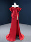 Red Mermaid Satin Off the Shoulder Long Sleeve Beading Prom Dress